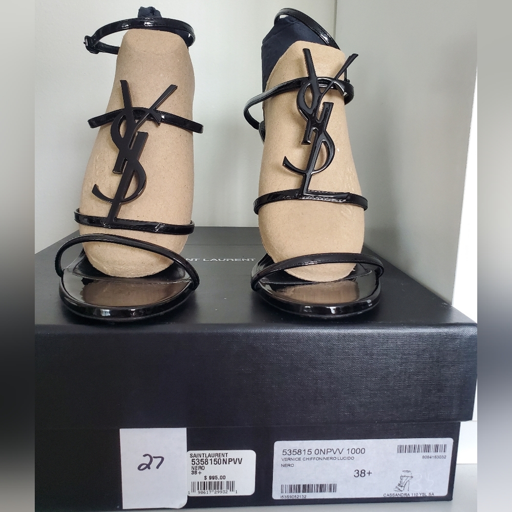 SAINT LAURENT CASSANDRA 100 PATENT SANDAL size 38.5
